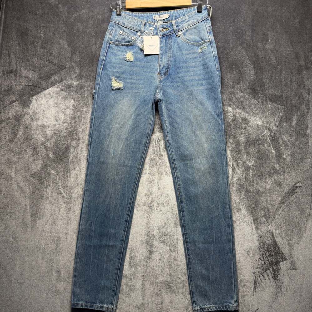 Adika Jeans Womens S Blue Cotton Straight Leg High Rise Light Wash Distressed